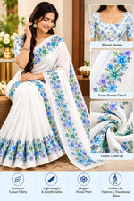 Elegant Cream Floral Print Saree with Pink, Purple & Green Flowers and Matching Blouse – Agilan Sarees