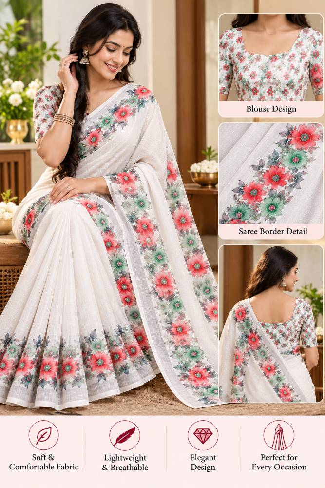 Elegant White Floral Print Saree with Matching Blouse – Agilan Sarees
