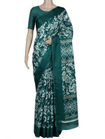 Women's Dark Teal Green Floral Printed Saree with Matching Printed Blouse-Agilaan saree
