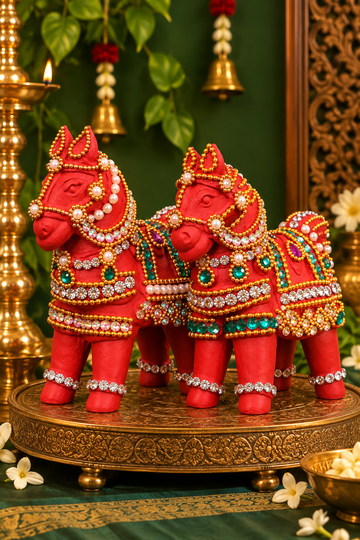 Royal Handmade Terracotta Stone Work Horse Pair Showpiece | Traditional Indian Horse Statue | Luxury Ethnic Home Décor