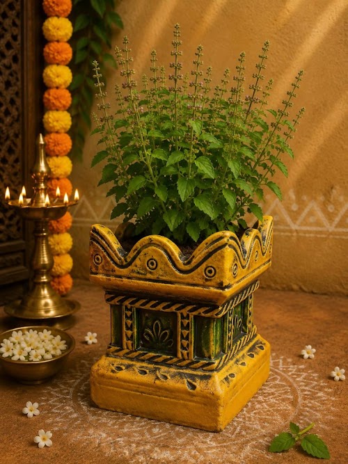 Terracotta Gardening Brindavan Tulasi pot With Drainage Hole at Bottom 7 inch