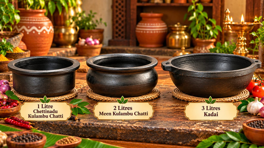 Royal Handmade Terracotta Cookware – 1 Litre Chettinadu Kulambu Chatti, 2 Litres Meen Kulambu Chatti & 3 Litres Kadai