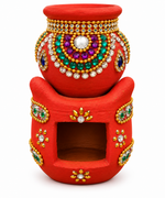 Royal Traditional Terracotta| Stone Work | Tiny Stove & Pot  Navadhaniya Set | Handmade Clay Cooking Stove with Decorative Pot