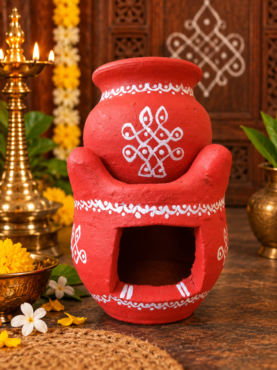 Royal Traditional | Art Work | Terracotta Navadhaniya Set Tiny Stove & Pot Set | Handmade Clay Cooking Stove with Decorative Pot[5.5INCH=H*L=5.5*3]
