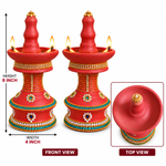 Royal Terracotta Stone Work Kuthu Vilakku[Pair] | Traditional Handmade Clay Diya Lamp | Decorative Pooja Room Oil Lamp[8inch=H*L=8*4]