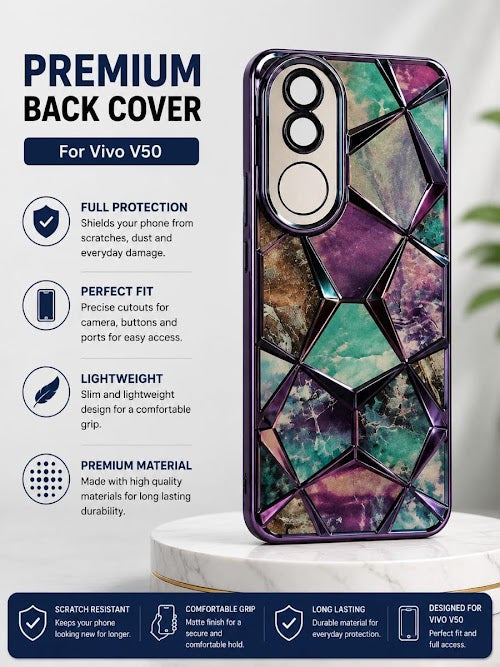 Premium 3D Geometric Marble Design Shockproof TPU Back Cover Case for Vivo V50 - Purple Multi-Color