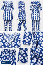 Blue White Floral Printed Kurta Pant Set for Women – XXL