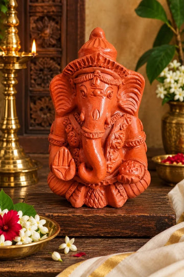 Royal Terracotta Lord Ganesha Idol – Traditional Handmade Clay Ganesh Statue for Pooja & Home Décor