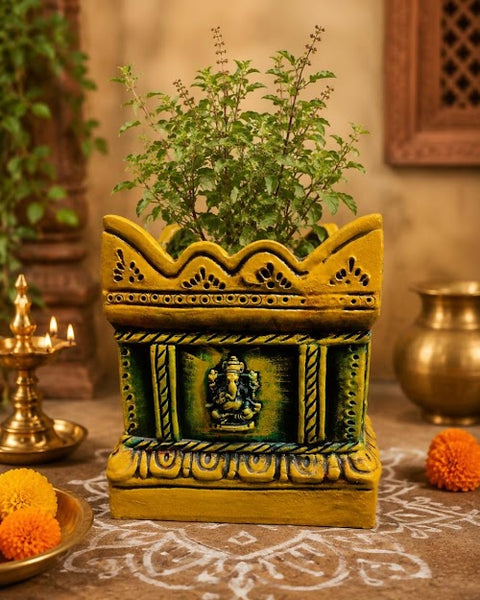 Terracotta Gardening Brindavan Tulasi Pot with Drainage Hole at Bottom – 12 Inch (Multi Colours)
