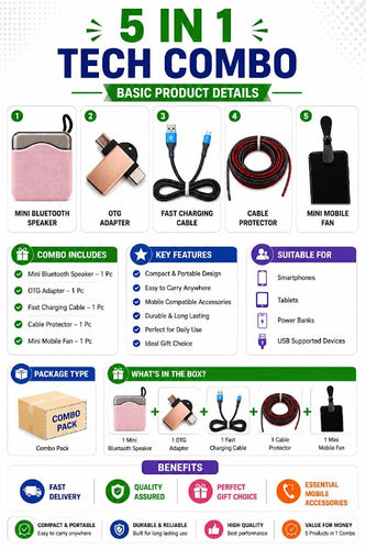 5 in 1 Tech Combo Offer | Mini Bluetooth Speaker, OTG Adapter, Fast Charging Cable, Cable Protector & Mini Mobile Fan – ₹399