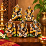 Divine Royal 5-Piece Multicolor Instrumental Vinayagar Statue Set | Traditional Ganesha Musical Idol Combo | Premium Spiritual Home Décor 1 Statue=(6inch=H*L=6*6)