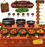 Royal Black Clay Meen Kulambu Chatti 3litre, Chettinadu Kulambu Chatti 2litre & Kadai 1litre Combo | Handmade Traditional Earthen Clay Cookware Set