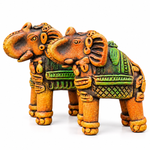 Royal Handmade Multi Color Terracotta Elephant Pair Showpiece | Traditional Indian Elephant Statue | Green & Yellow Luxury Home Décor