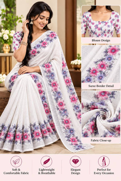 Elegant White Floral Print Saree with Pink & Purple Flowers and Matching Blouse – Agilan Sarees