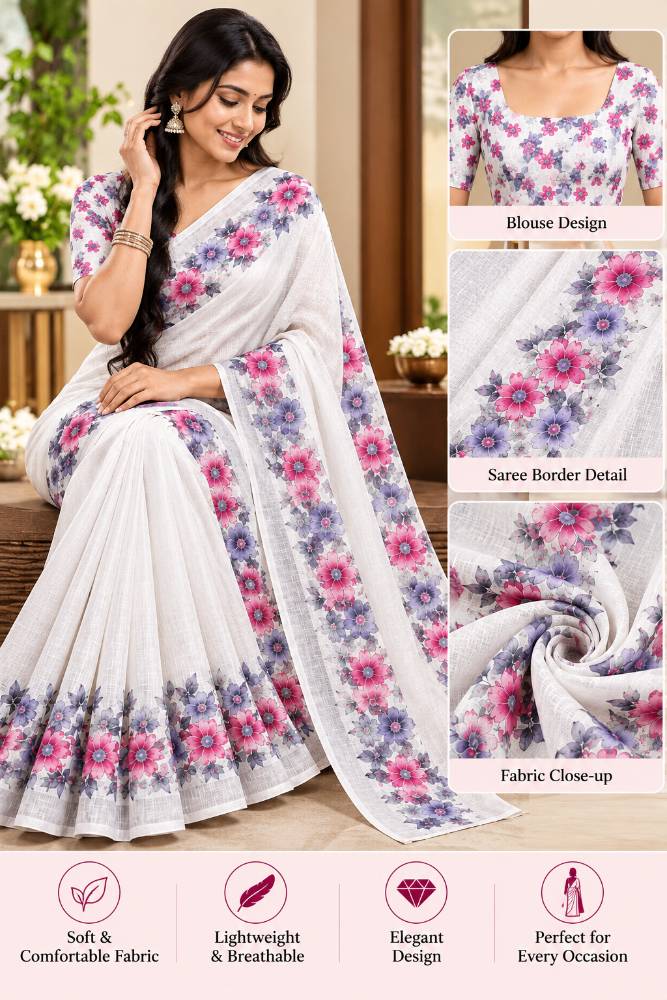 Elegant White Floral Print Saree with Pink & Purple Flowers and Matching Blouse – Agilan Sarees