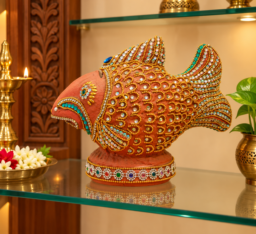 Royal Terracotta Stone Work Fish Money Bank | Handmade Traditional Fish Coin Bank | Decorative Home Décor[6inch=H*W*L=6*4.10*8]