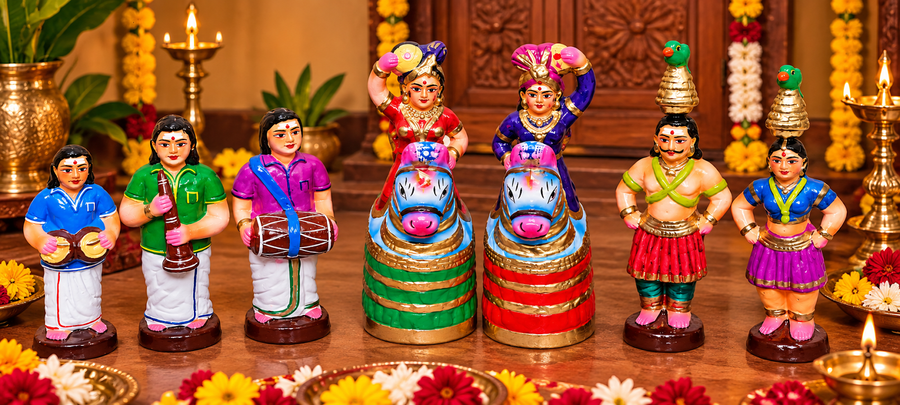 Traditional Karakattam Golu Dolls Set – Tamil Folk Dance Bommai Set | 7 Inch
