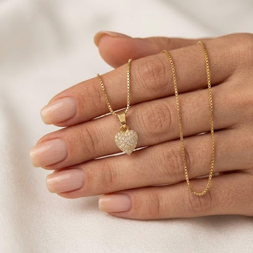 Gold Plated Heart Pendant Necklace with Sparkling Stones