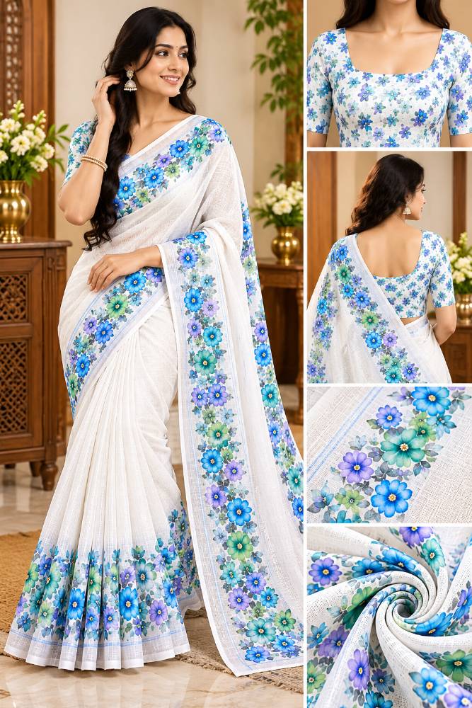 Elegant White Floral Print Saree with Blue, Teal & Purple Flowers and Matching Blouse – Agilan Sarees