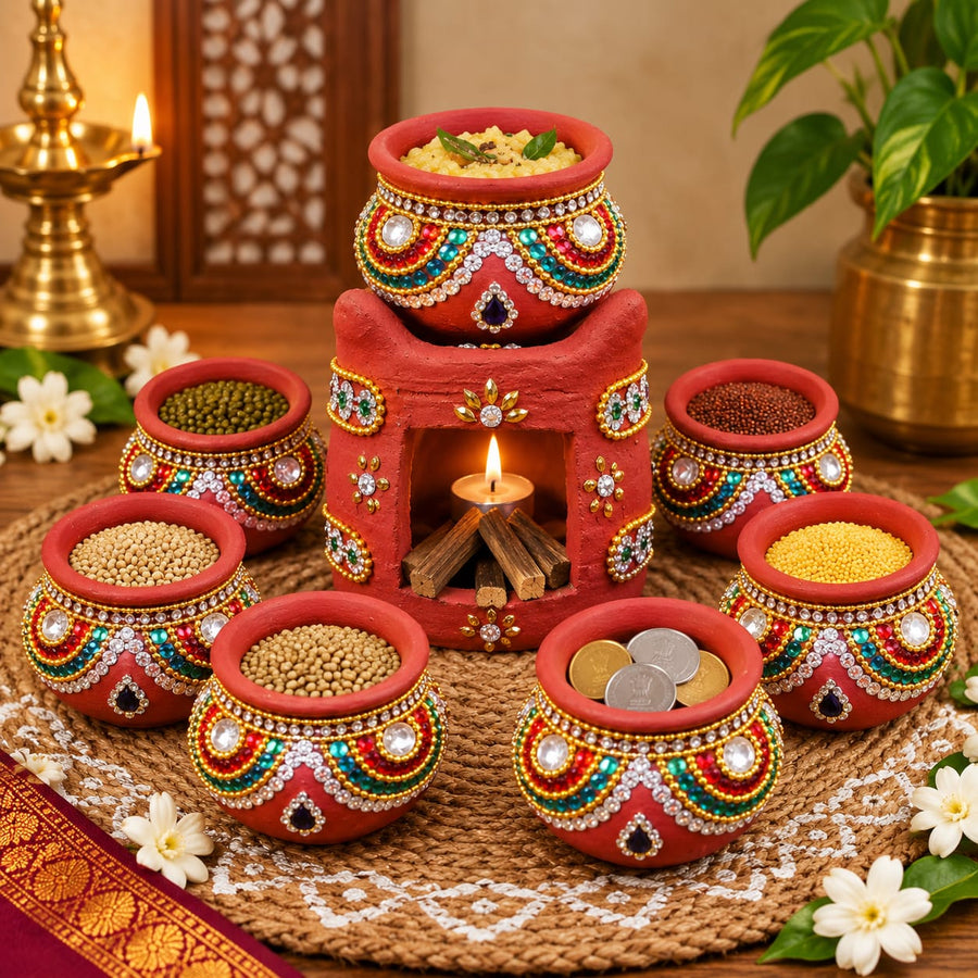 Royal Navadhaniyam Stone Work Pot Set 7Pots | Traditional Handmade Terracotta Art Work Pots | Festive Home Décor[3inch=H*L=3*2]