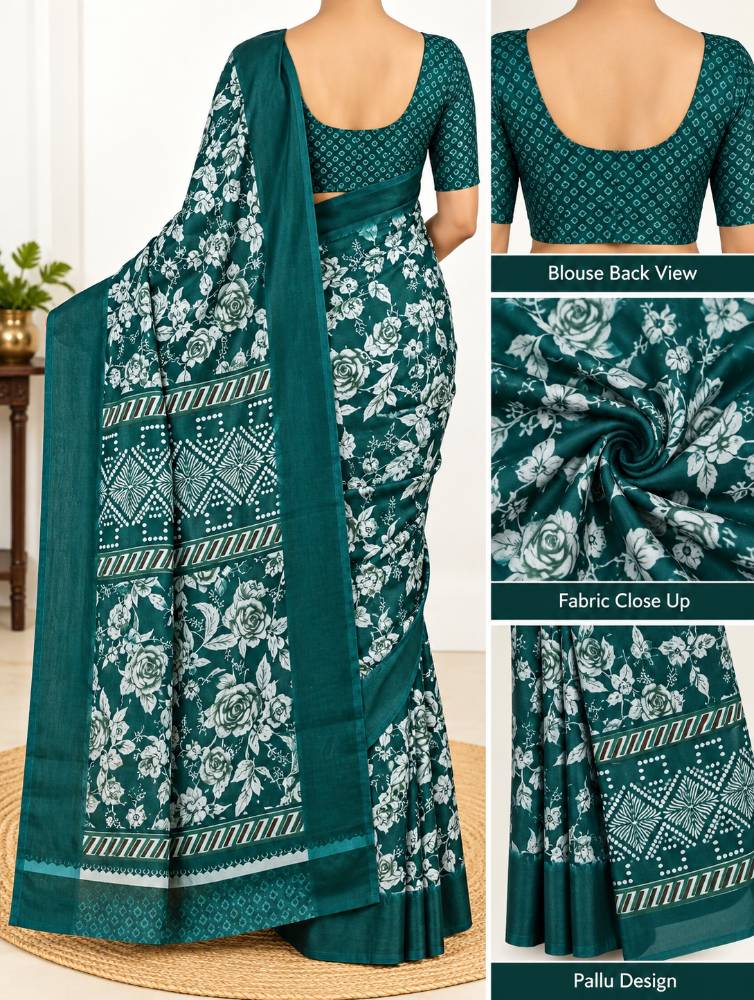 Women's Dark Teal Green Floral Printed Saree with Matching Printed Blouse-Agilaan saree