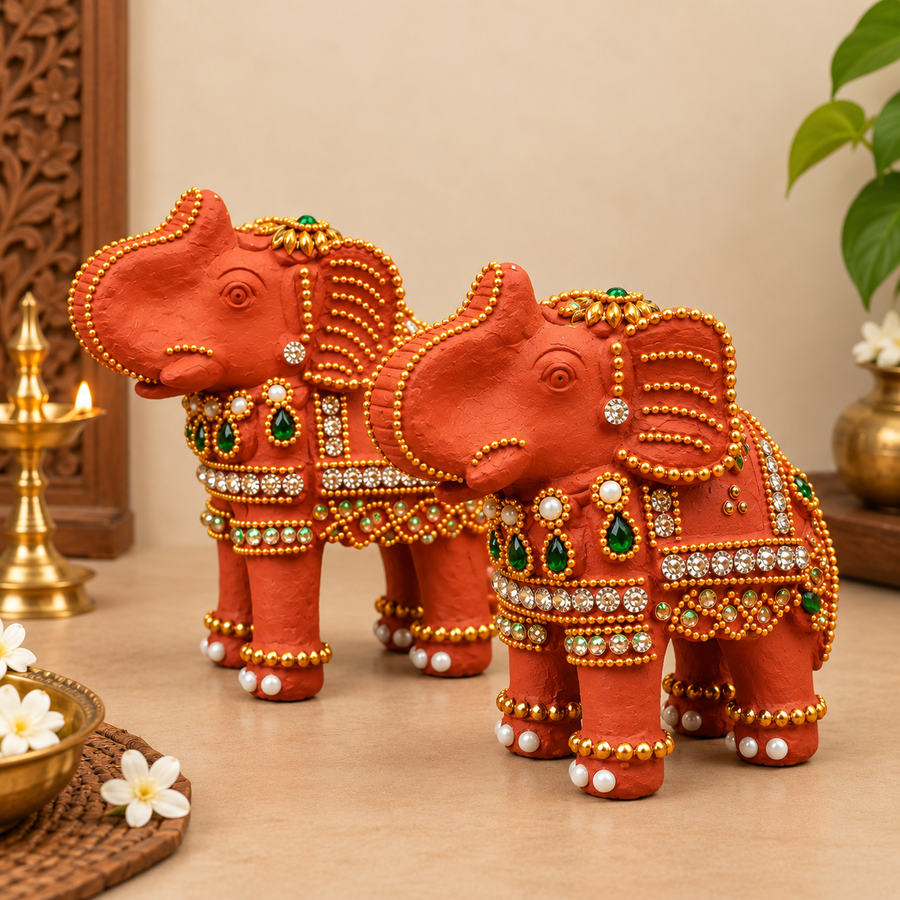 Royal Red Elephant Showpiece Pair | Handcrafted Traditional Elephant Statue | Premium Home Décor