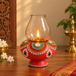 Royal Terracotta Stone Work Chimni Lamp | Handcrafted Traditional Earthen Oil Lamp with Glass Chimney | Decorative Diya for Pooja & Home Décor[5.5inch=H*L=5.5*3.5]