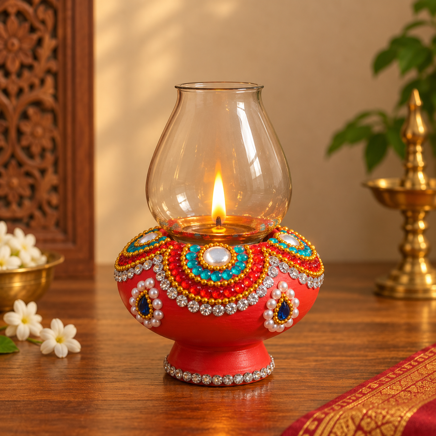 Royal Terracotta Stone Work Chimni Lamp | Handcrafted Traditional Earthen Oil Lamp with Glass Chimney | Decorative Diya for Pooja & Home Décor[5.5inch=H*L=5.5*3.5]