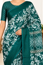 Women's Dark Teal Green Floral Printed Saree with Matching Printed Blouse-Agilaan saree