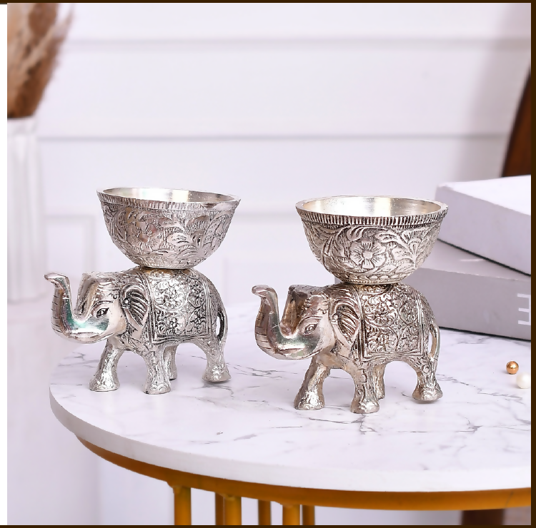 Elephant Diya Holder Set | Decorative Bowl Stand for Home & Pooja Decor