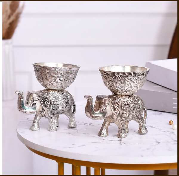 Elephant Diya Holder Set | Decorative Bowl Stand for Home & Pooja Decor