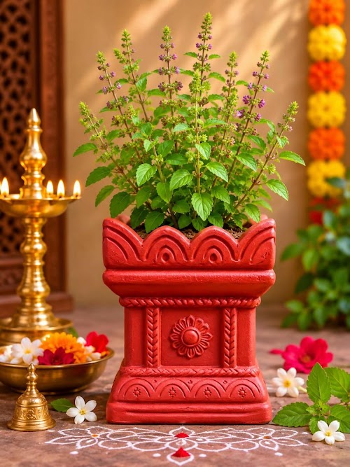 Terracotta Gardening Brindavan Tulasi pot With Drainage Hole at Bottom 8 inch ( Terracotta color )
