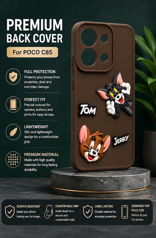 Premium Soft Silicone Matte Finish Tom & Jerry 3D Cartoon Shockproof Back Cover Case for POCO C85 - Brown