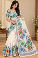 Women’s White Floral Printed Lightweight Saree with Multicolor Border           Convert to PDF