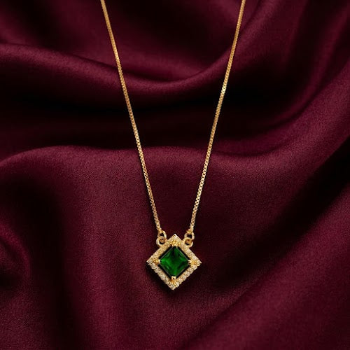 Gold-Plated AD Stone Square Halo Pendant Necklace for Girls & Women