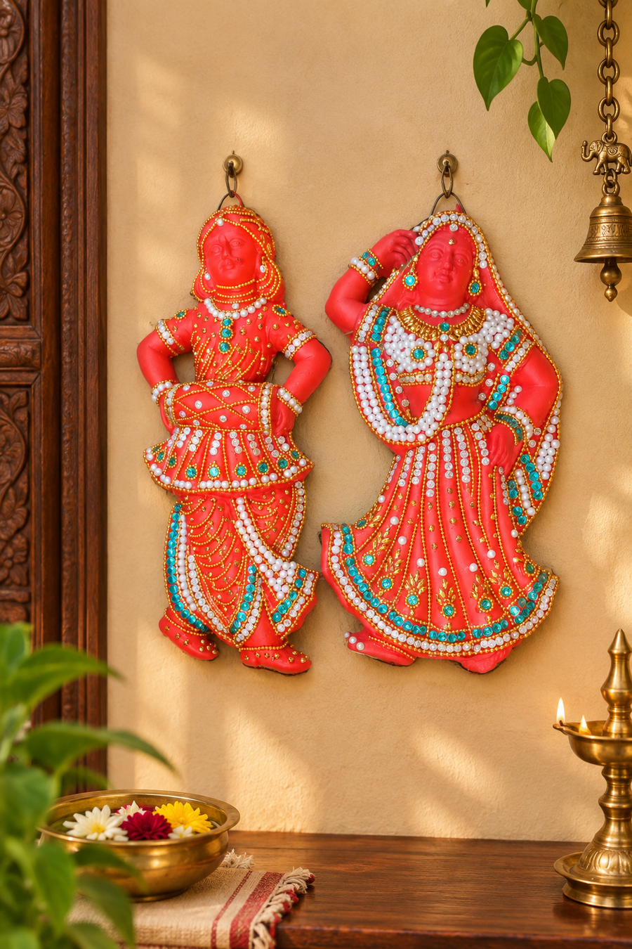 Royal Radha Krishna Wall Hanging Statue | Handcrafted Terracotta Stone Work Couple Idol[PAIR] | Traditional Indian Home Décor[9INCH=H*L=9*4]