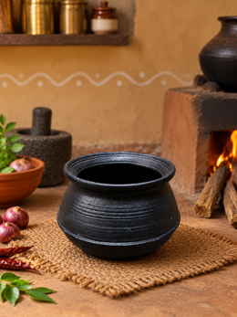 Royal Earthen Black Clay Rice Bowl |2.5litre| Traditional Handmade Terracotta Rice Pot | Natural Mitti Cookware for Everyday Meals[6inch=H*L=6*7]