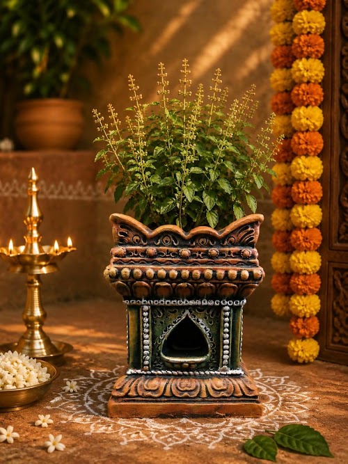 Terracotta Gardening Brindavan Tulasi pot With Drainage Hole at Bottom 14 inch ( Multi color )
