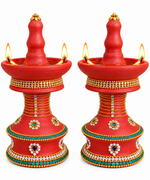 Royal Terracotta Stone Work Kuthu Vilakku[Pair] | Traditional Handmade Clay Diya Lamp | Decorative Pooja Room Oil Lamp[8inch=H*L=8*4]