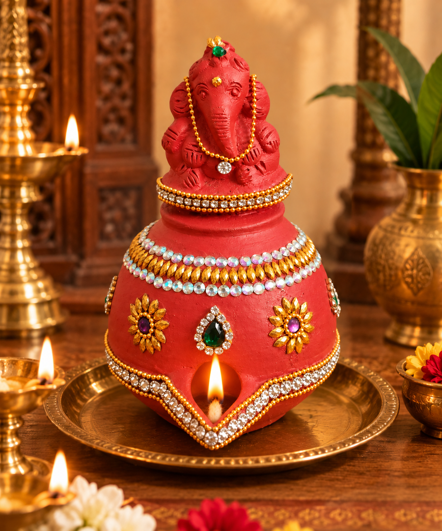 Royal Terracotta Stone Work Magic Vilakku | Traditional Handmade Ganesha Oil Lamp | Decorative Pooja Diya[5INCH=H*L=5*4]