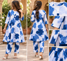 Blue White Abstract Printed Kurta Pant Set