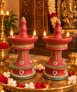 Royal Terracotta Stone Work Kuthu Vilakku[Pair] | Traditional Handmade Clay Diya Lamp | Decorative Pooja Room Oil Lamp[8inch=H*L=8*4]