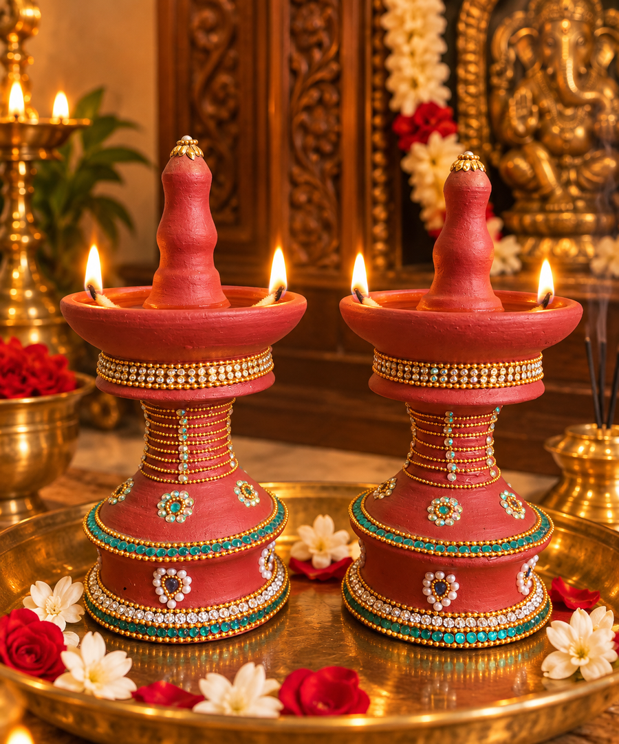 Royal Terracotta Stone Work Kuthu Vilakku[Pair] | Traditional Handmade Clay Diya Lamp | Decorative Pooja Room Oil Lamp[8inch=H*L=8*4]