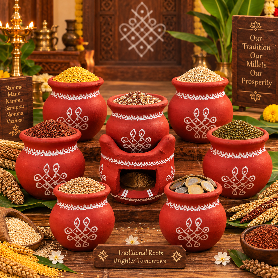 Royal Navadhaniyam Pot Set 7Pots | Traditional Handmade Terracotta Art Work Pots | Festive Home Décor[3INCH=H*L=3*2]