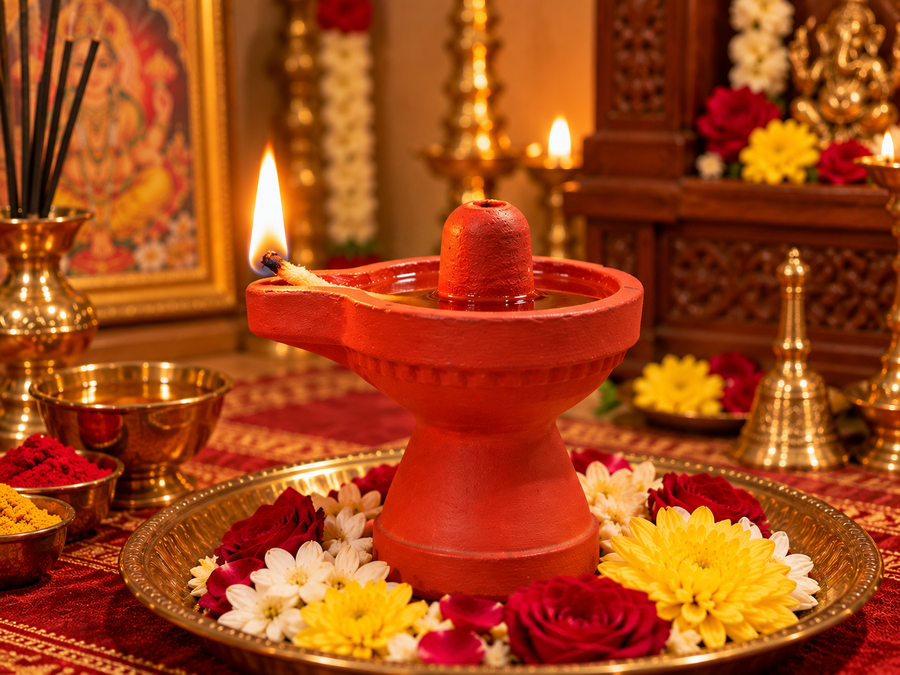 Royal Divine Red Terracotta Lingam Lamp | Traditional Shiva Lingam Oil Diya | Handmade Pooja Décor [2inch=H*L=2*2]