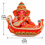 Royal Terracotta Stone Work Boat Vinayagar Statue | Traditional Handmade Ganesha Décor(7inch=H*L=7*8)