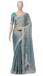 Women's Teal Blue Shimmer Saree with Silver Lace Border and Floral Embroidery