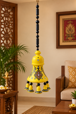Royal Handmade Terracotta Yellow Hanging Dome Bell |7 Bells| | Traditional Indian Decorative Hanging Bell | Ethnic Home Décor[21inch=H*L=21*7]