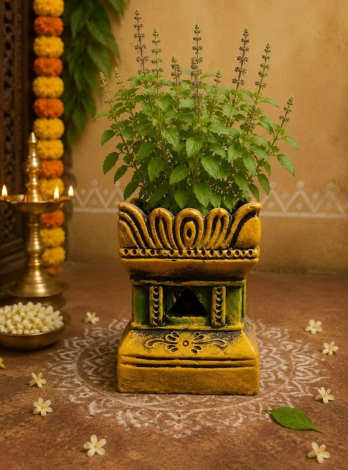 Terracotta Gardening Brindavan Tulasi pot With Drainage Hole at Bottom 9 inch ( Multi color )