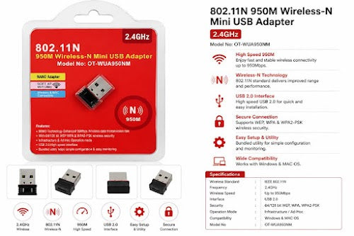 802.11N 950M Wireless-N Mini USB Wi-Fi Adapter – OT-WUA950NM, 2.4GHz
